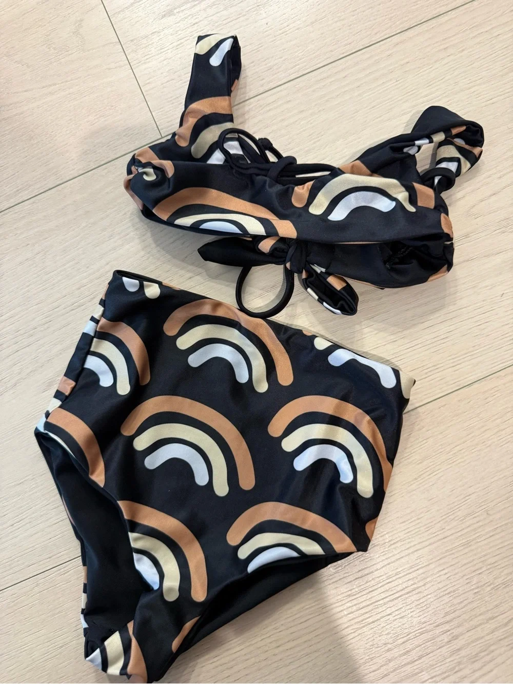Of Of One Sea Girls' High-Waist Bikini Black with Tan & Cream Rainbow | 0/1T